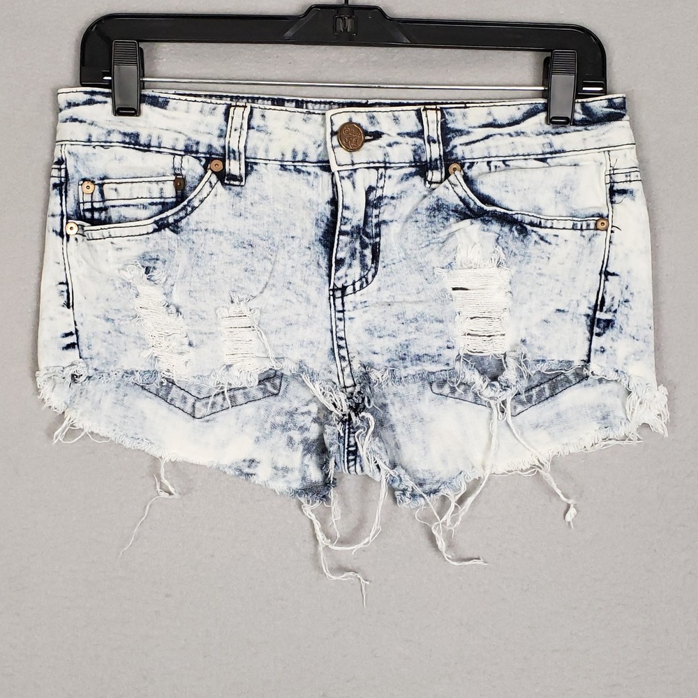 Y2K Acid Wash Shortie Shorts Micro Booty Frayed Grunge Festival Indigo Rain Sz 9